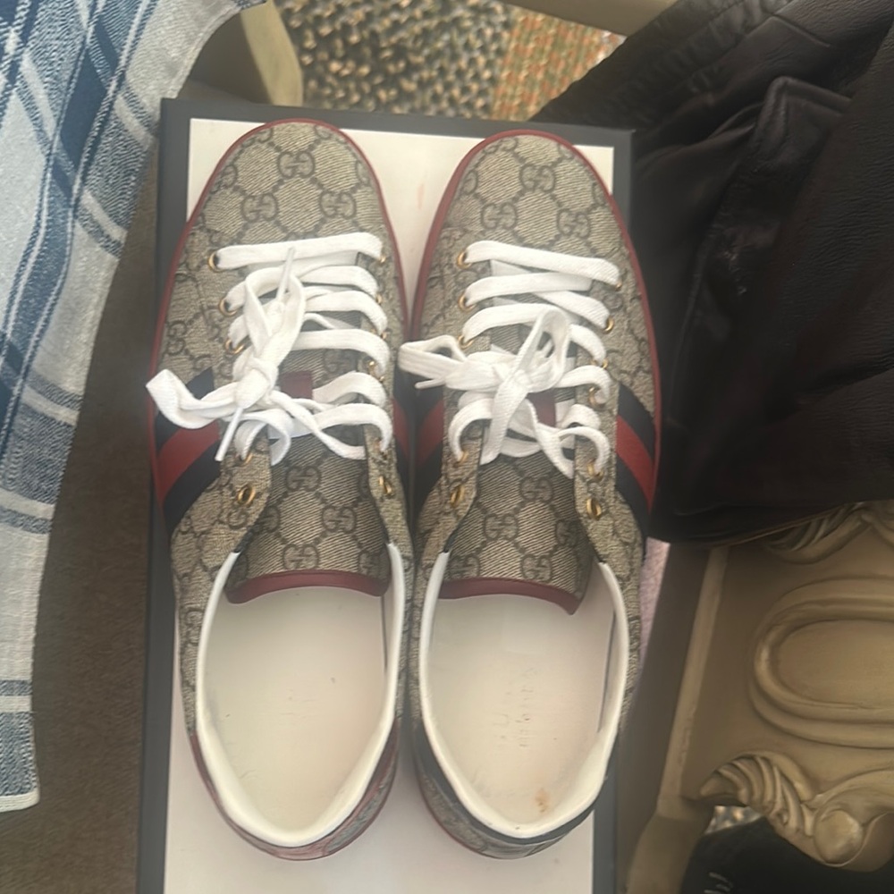 Gucci Monogram Sneakers with Red and Blue Stripes